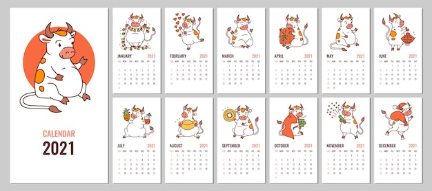 中国の旧正月のシンボルホワイトオックスと21年のカレンダーのデザイン 表紙 毎月のページ 牛のかわいい子供たちのキャラクターとベクトル編集可能な テンプレート 週は日曜日に始まります プレミアムベクター