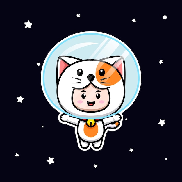 スペースアイコンイラストに浮かぶ猫の衣装を着てかわいい男の子のデザイン プレミアムベクター