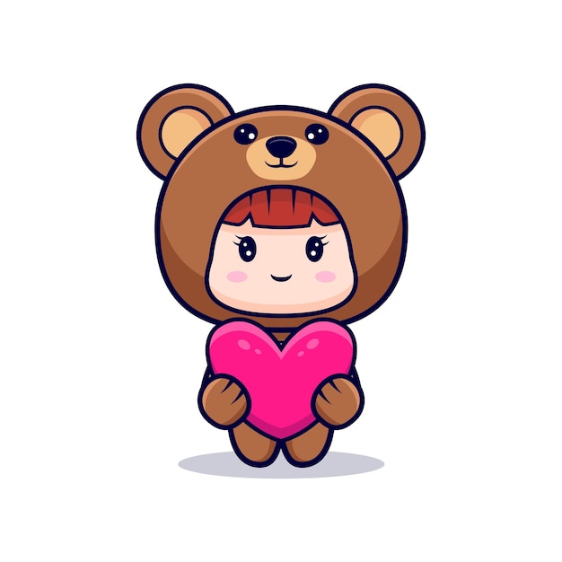 クマの衣装を着てかわいい女の子のデザインは 贈り物にピンクのハートを抱きしめます プレミアムベクター