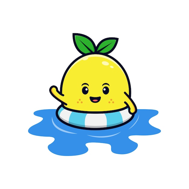 かわいいレモンキャラクター水泳フラットマスコットイラストのデザイン プレミアムベクター
