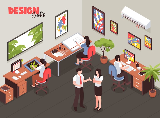 Download Design studio with leadership and artists during creative process at work place isometric vector ...