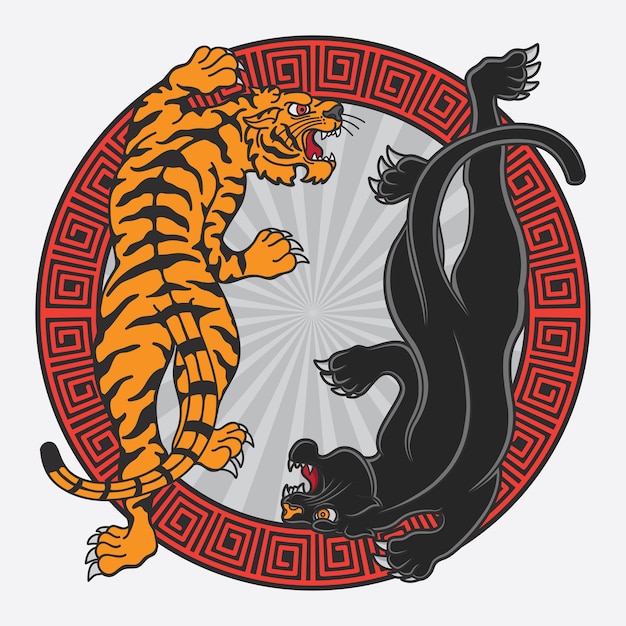 デザインベクトル黒豹と虎フラッシュタトゥー プレミアムベクター
