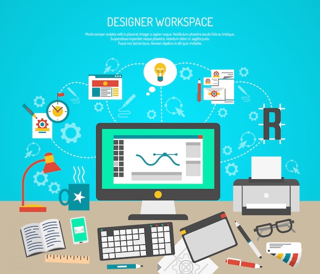 Designer workspace concept with flat graphic design tools and computer monitor Free Vector