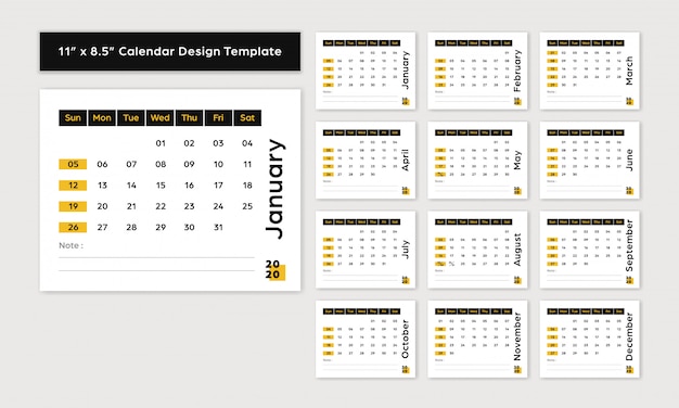 Desk calendar 2020 new year 11x8.5 inch size black and yellow casual style Premium Vector