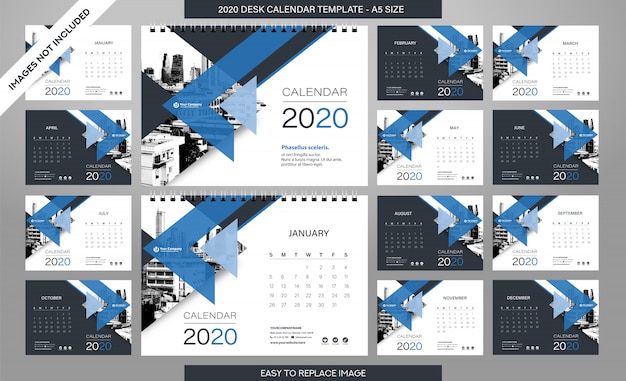 Desk calendar 2020 template - 12 months included Premium Vector
