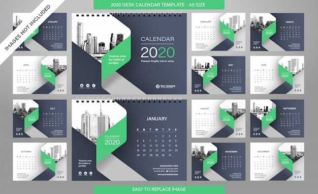 Desk calendar 2020 template  all months included Premium Vector