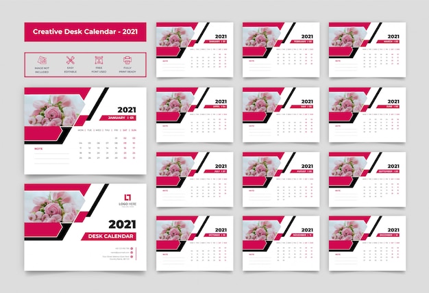 Desk calendar template 2021 Premium Vector