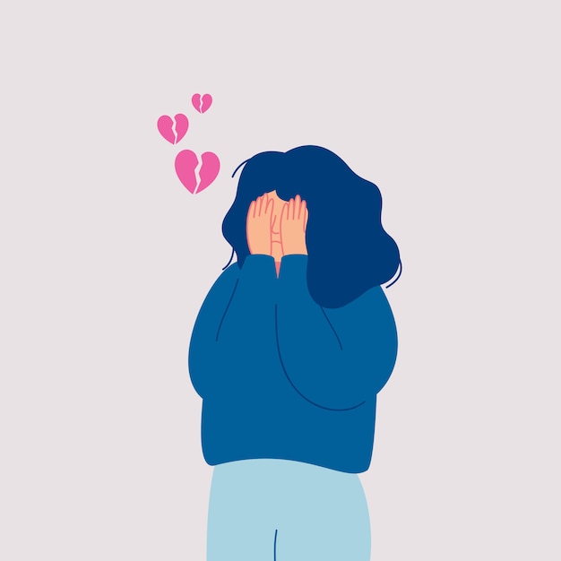 失恋と絶望的な悲しい若い女性は彼女の手で彼女の顔を覆って泣きます 手描きスタイルのベクトルデザインイラスト プレミアムベクター