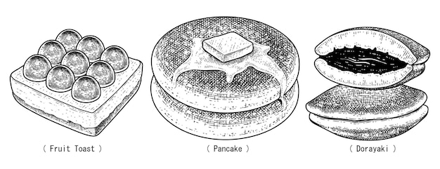 デザートコレクション手描きスケッチベクトル フルーツトースト パンケーキ どら焼き プレミアムベクター