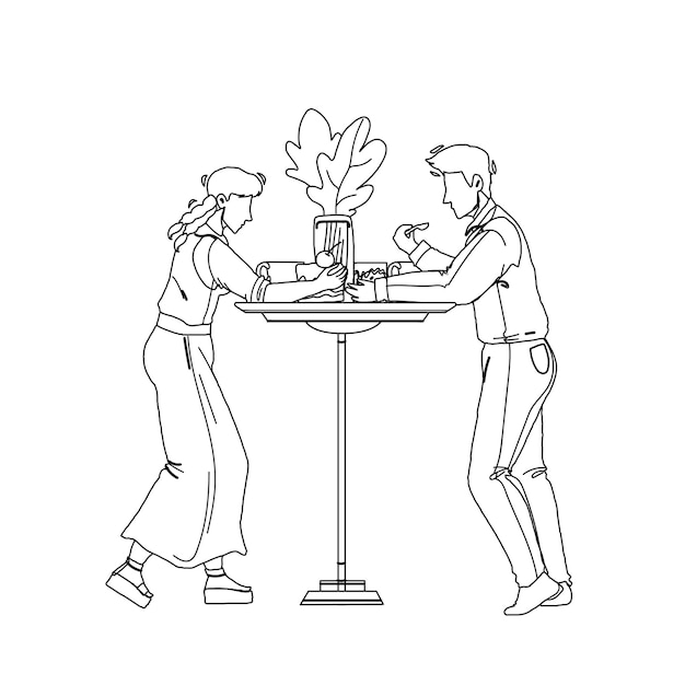 Premium Vector Dessert Eating Man And Woman At Cafe Table Black Line Pencil Drawing Vector Boy And Girl Couple Eat Delicious Dessert Nutrition At Kitchen Desk Characters With Sweet Baked Creamy