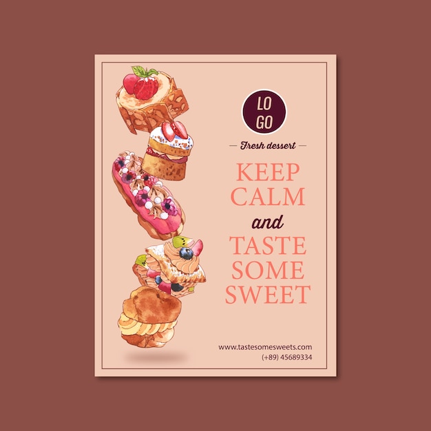 シュークリーム メレンゲ イチゴのショートケーキの水彩イラストのデザートポスターデザイン 無料のベクター