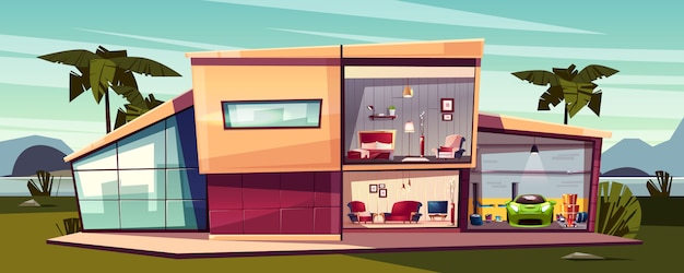 Detached house with cross section between palms. Free Vector