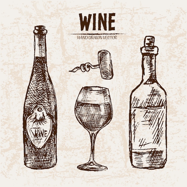 プレミアムベクター 詳細なラインアート手描きのワインボトルのイラスト