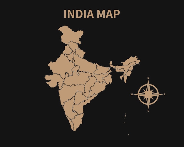 어두운 배경에 고립 된 나침반과 지역 테두리와 인도의 상세한 오래 된 빈티지 지도 프리미엄 벡터 0753