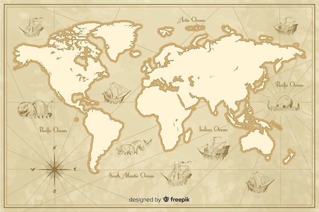 詳細なビンテージ世界地図テーマ 無料のベクター