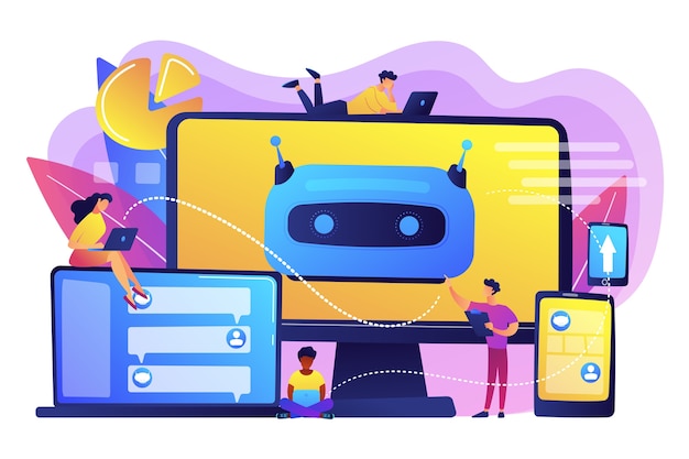 Developers building, testing and deploying chatbots on platforms. chatbot platform, virtual assistant development, cross-platform chatbot concept. bright vibrant violet isolated illustration Free Vector