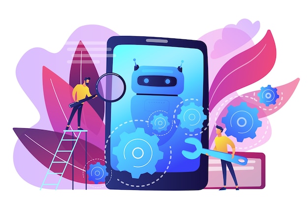 Developers with wrench work on chatbot application development. chatbot app development, bot development framework, chatbot programming concept. bright vibrant violet isolated illustration 