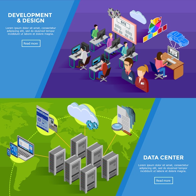 Development isometric horizontal banners Free Vector