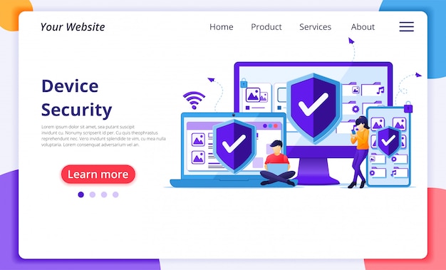 Device security concept, people on giant gadget device with shield. website landing page  template P