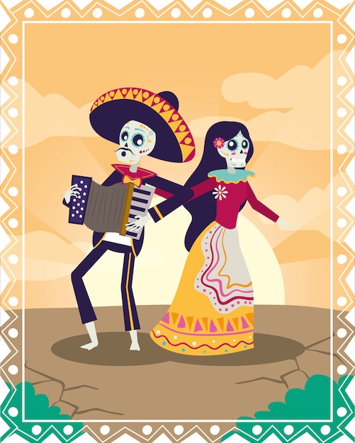 Premium Vector | Dia de los muertos card with mariachi playing ...