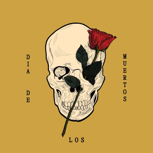 Dia de los muertos, of skull and rose in engraved style Premium Vector