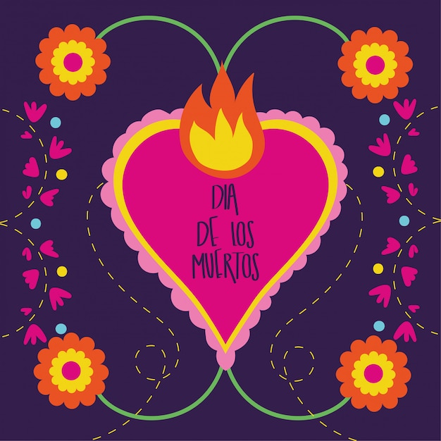 Dia de muertos card with heart flame and flowers Free Vector
