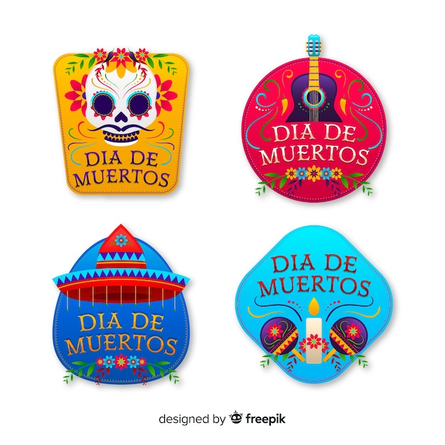 Dia de muertos colourful badges with traditional elements Free Vector
