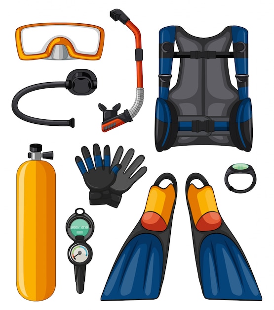 Premium Vector Different equipments for scuba diving illustration