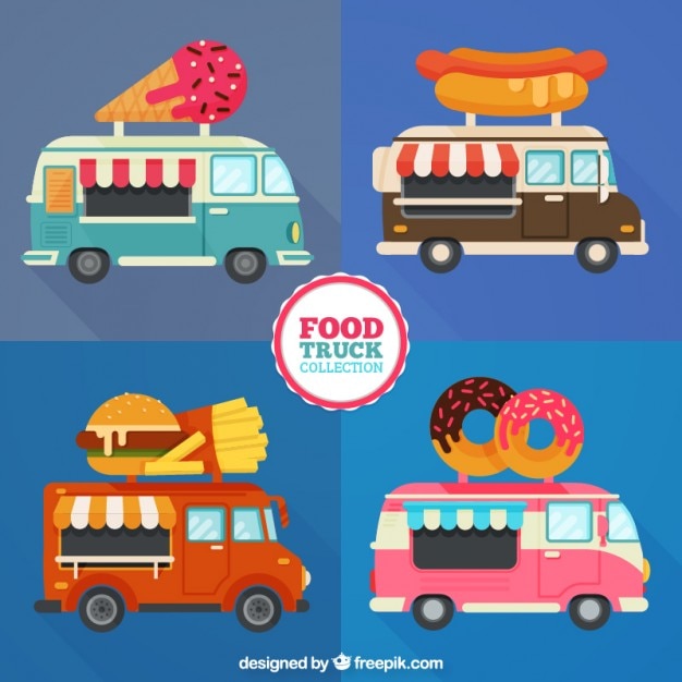 Different food trucks in flat design Free Vector