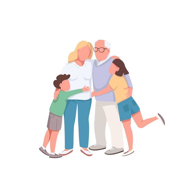 さまざまな世代のフラットカラーの顔のないキャラクター 祖父は娘と孫を抱きしめます 幸せな家族の孤立した漫画イラスト プレミアムベクター
