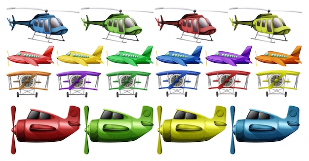 無料のベクター 異なる種類のヘリコプターと飛行機のイラスト
