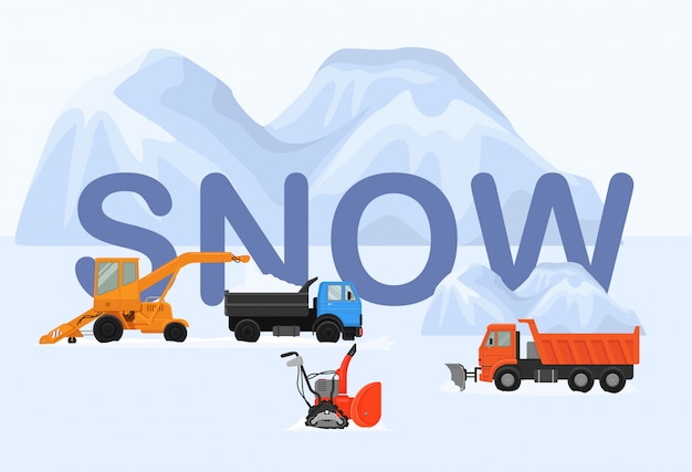 冬に雪のイラストを削除する別のマシン 大小のクローラー除雪機 大型トラック ダンプカー 白い巨大な雪が漂います プレミアムベクター
