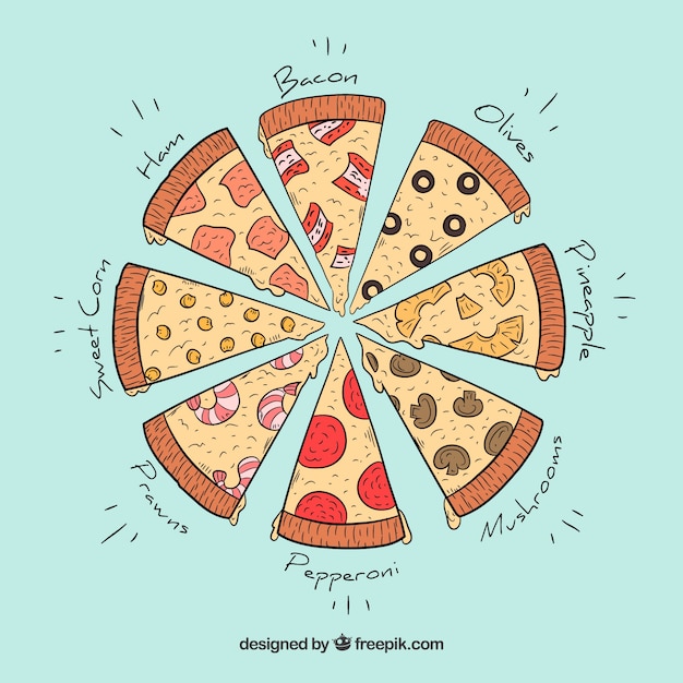 Different pieces of hand drawn pizzas\
background