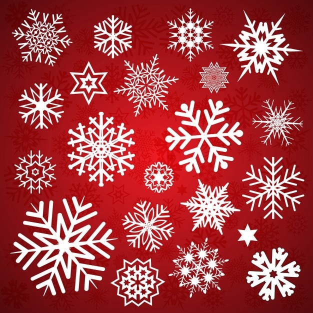 Different snowflakes on a red background