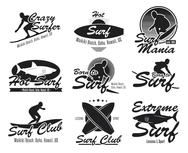 別のサーフィンクラブフラットエンブレムセット 黒のロゴまたはサーフボード サーファー サメ 波ベクトルイラストコレクションの標識 夏 旅行 ハワイ そしてデザイン 無料のベクター