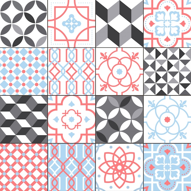 異なるタイルパターンコレクション カラフルでモノクロの幾何学模様セット 伝統とモダンの飾りイラスト プレミアムベクター