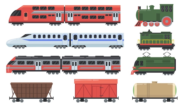 さまざまな列車が設定されています 機関車 客車 貨車 タンク車 通勤電車 旅行 通勤 貨物 鉄道輸送の概念のベクトルイラスト 無料のベクター