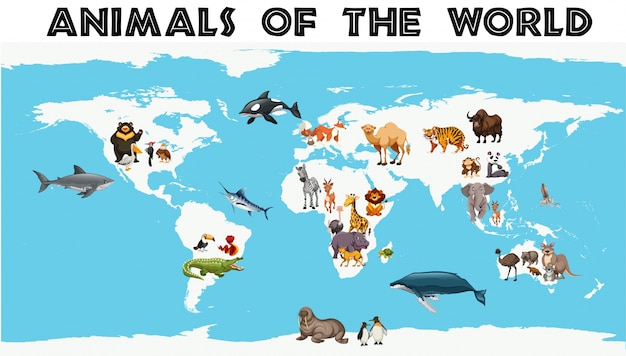 Free Vector | Different types of animals around the world on the map