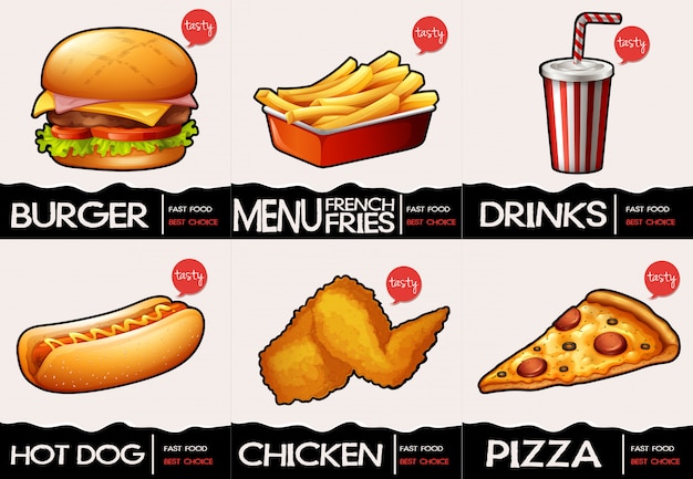 Free Vector Different Types Of Fastfood On Menu