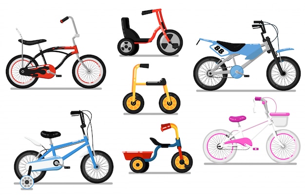 Different types kids bicycle isolated vector set Premium Vector