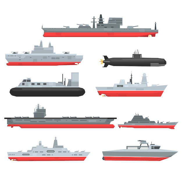 Premium Vector Different Types Of Naval Combat Ships Set Military Boats Ships Frigates Submarine Illustrations On A White Background