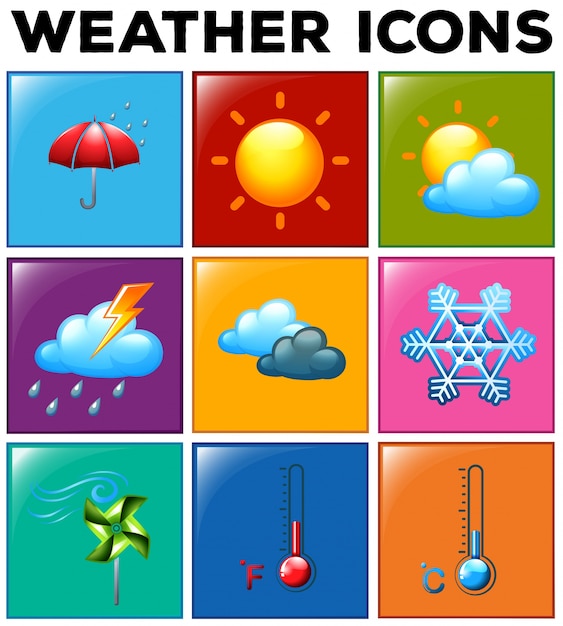 Different weather icons on color
background