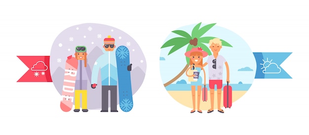 別の世界の天気 寒い 暑い キャラクターカップルの人々 スノーボード 冬のスポーツ 熱帯の休暇 イラスト プレミアムベクター