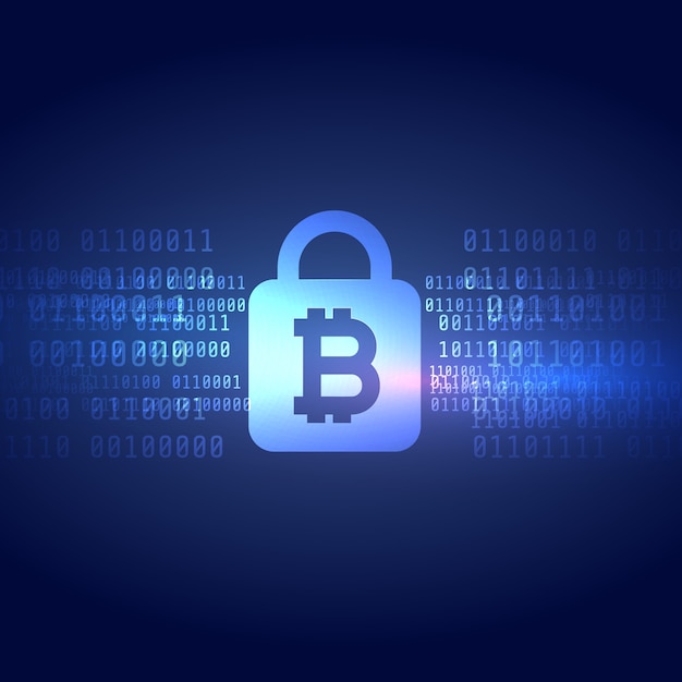 Digital bitcoin symbol with secured lock shape background Free Vector