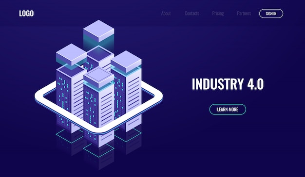 Digital city, isometric urban town, skyscrapers, cloud computing, cloud data storage Free Vector