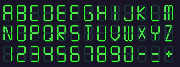 デジタル表示フォント 目覚まし時計の文字と数字 電子アルファベットとレトロな電卓画面記号セット プレミアムベクター