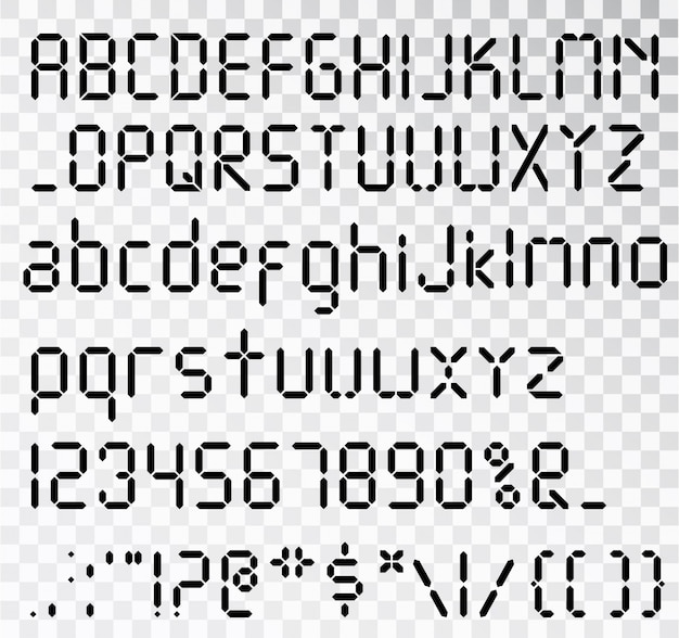 プレミアムベクター デジタルフォント 目覚まし時計の文字が分離されました デジタル時計やその他の電子機器に設定された数字 と文字 分離されたアルファベット