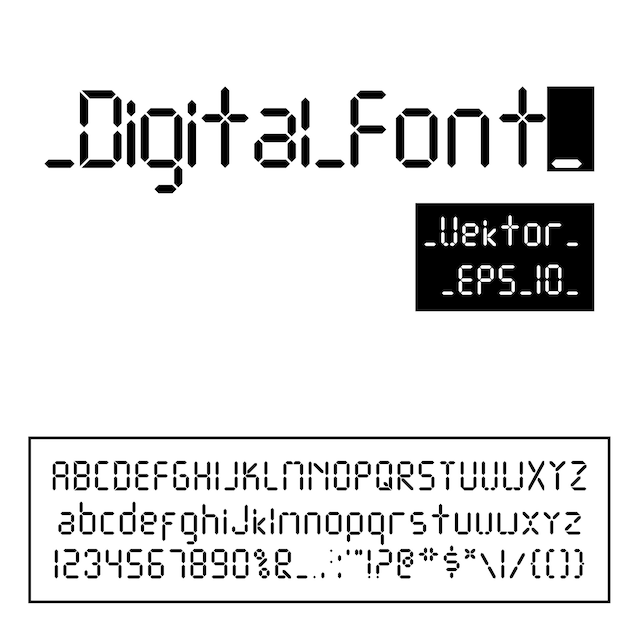 デジタルフォント 目覚まし時計の手紙 デジタル時計やその他の電子機器用に設定された数字と文字 プレミアムベクター