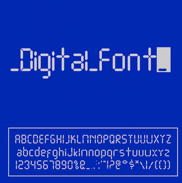 デジタルフォント 目覚まし時計の手紙 デジタル時計やその他の電子機器用に設定された数字と文字 プレミアムベクター