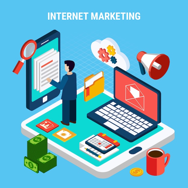 Digital internet marketing isometric with various devices calendar money on blue 3d illustration Free Vector